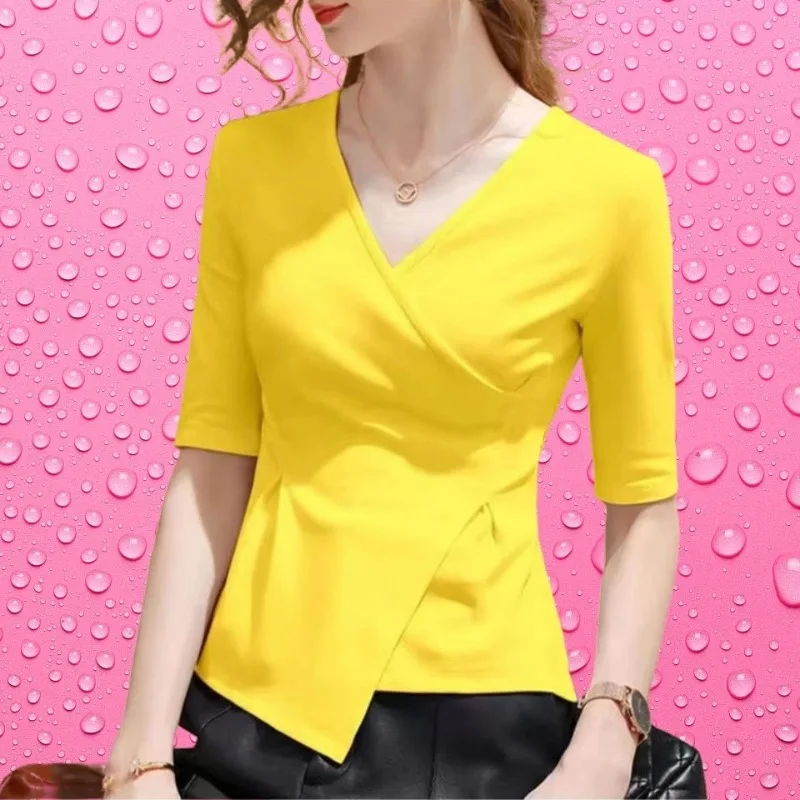 4XL 2023 Women Summer Blouses V-Neck Lady Fashion Casual Short Sleeve Office Sexy Solid Color Clothing Tops & Tees WY0856