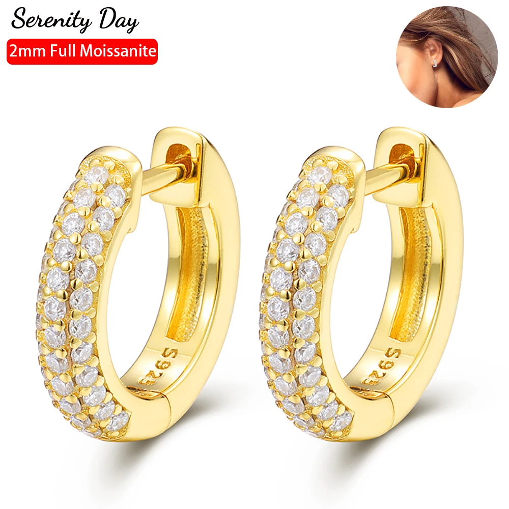 Serenity Day D Color 1.5mm Full Moissanite Hoop Earring For Women Gift S925 Sterling Silver Plate Pt950 Stud Ear Fine Jewelry