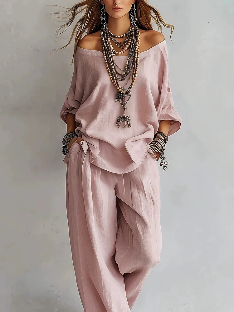 

Новинка Весна-Лето: Льняной комплект для офиса и повседневной носки. Элегантный однотонный костюм: топ с открытыми плечами и длинными рукавами и брюки с карманами.