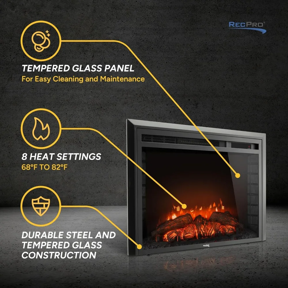 RecPro RV26 Electric Fireplace with 1500W Power, 3 LED Flame Modes, Curved Glass, Remote Control, and Recessed Mounting Option