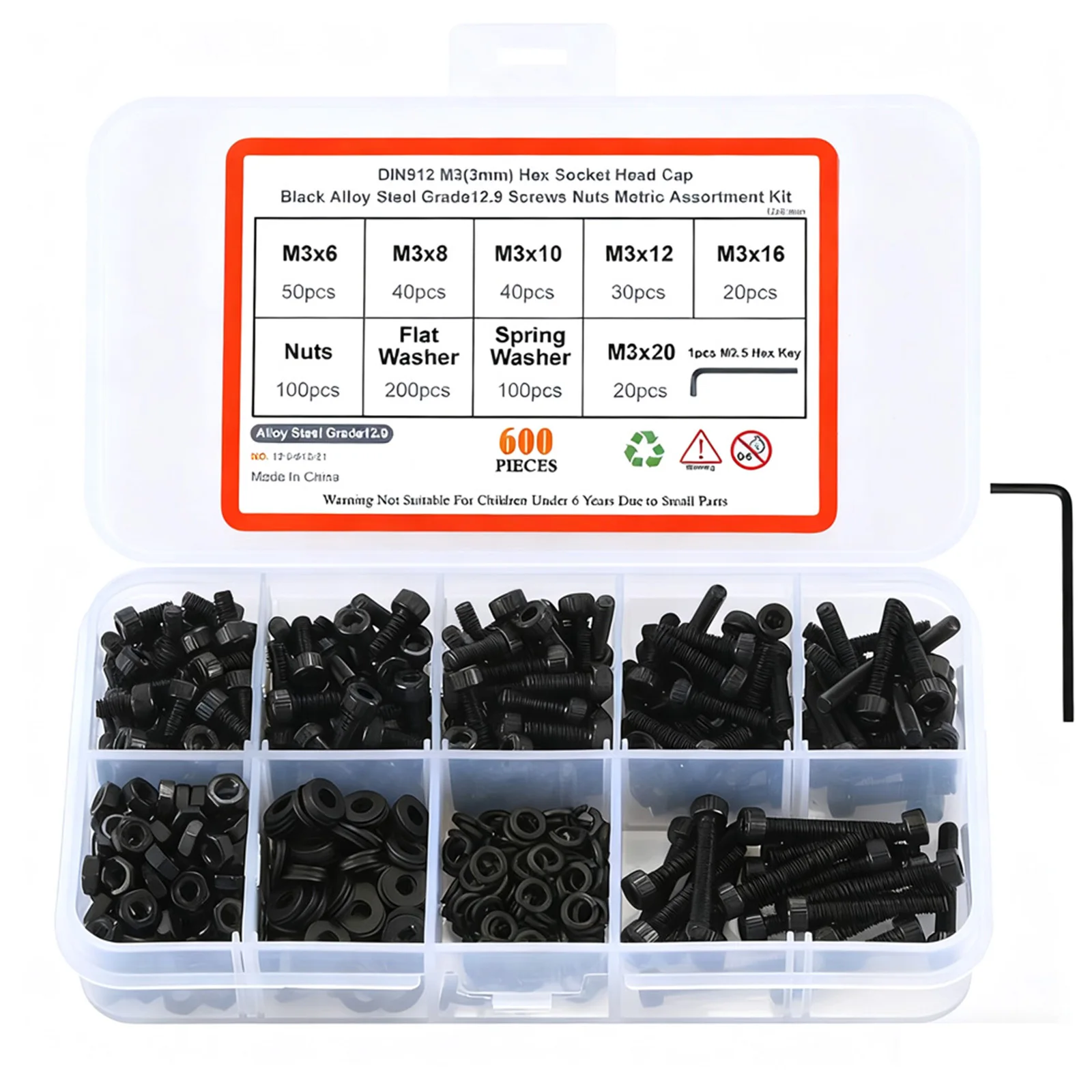 

600 Pieces 3mm Hex Socket Head Cap Screws Nuts Black Grade 12 9 Carbon Steel Metric Assortment Kit with Hex Key