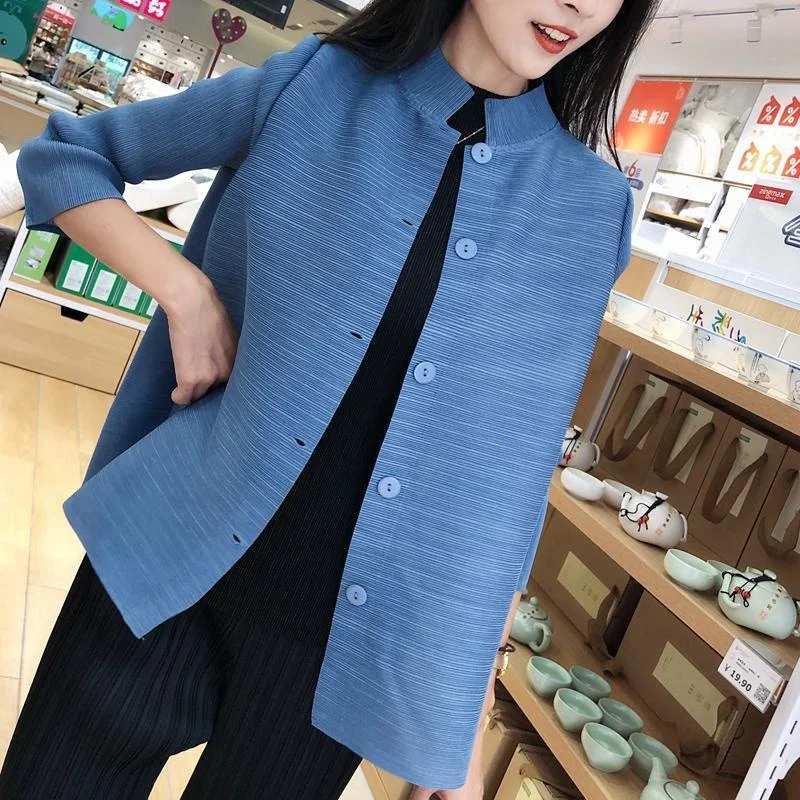 Miyake Clothes Pleated Small Coat Women's Spring and Summer new Temperament Loose Collar Solid Color Wild Loose Cardigan top