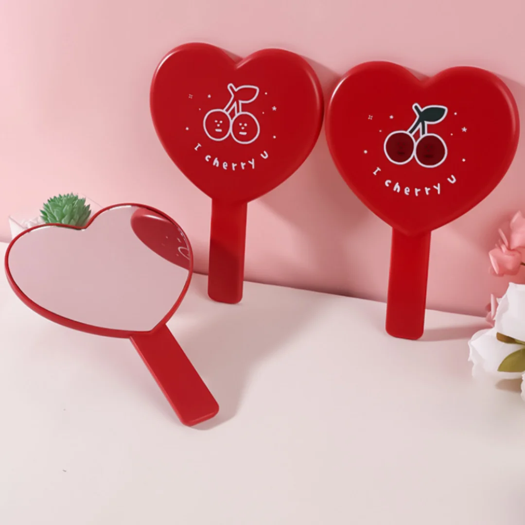 Cherry Love Heart Shaped Makeup Mirror Portable Handheld Red Cosmetic Mirror To Carry Around Beauty Accessories Women Girl Gifts