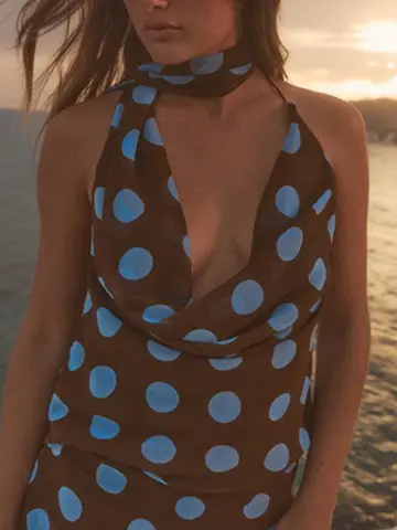 Zevity Women Chic V Neck Sleeveless Polka Dots Print Halter Smock Blouse Female Side Zipper Backless Shirt Blusas Tops LS9328