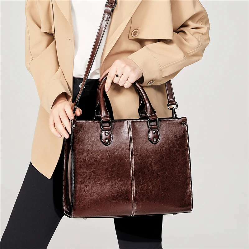 Toptrends Oil Wax Genuine Leather Tote Handbags For Women 2024 Trend Designer Top Handle Office Ladies Shoulder Crossbody Bags