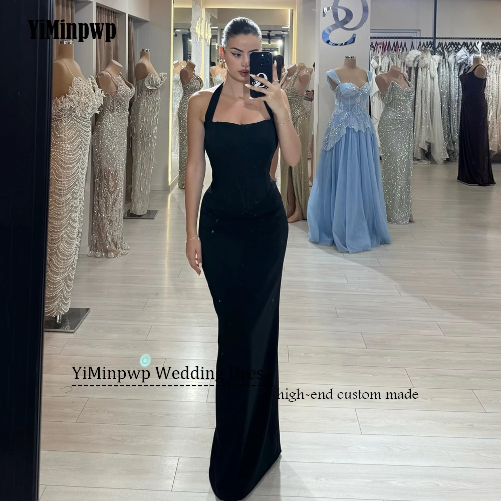 ชุดราตรีสีดำแบบผูกคอ แขนกุด เปิดหลัง ผ้าซาติน ทรงเมอร์เมด สำหรับงานเลี้ยงกลางคืน ชุดออกงานสำหรับผู้หญิง ชุดราตรียาวแบบสั่งตัดได้