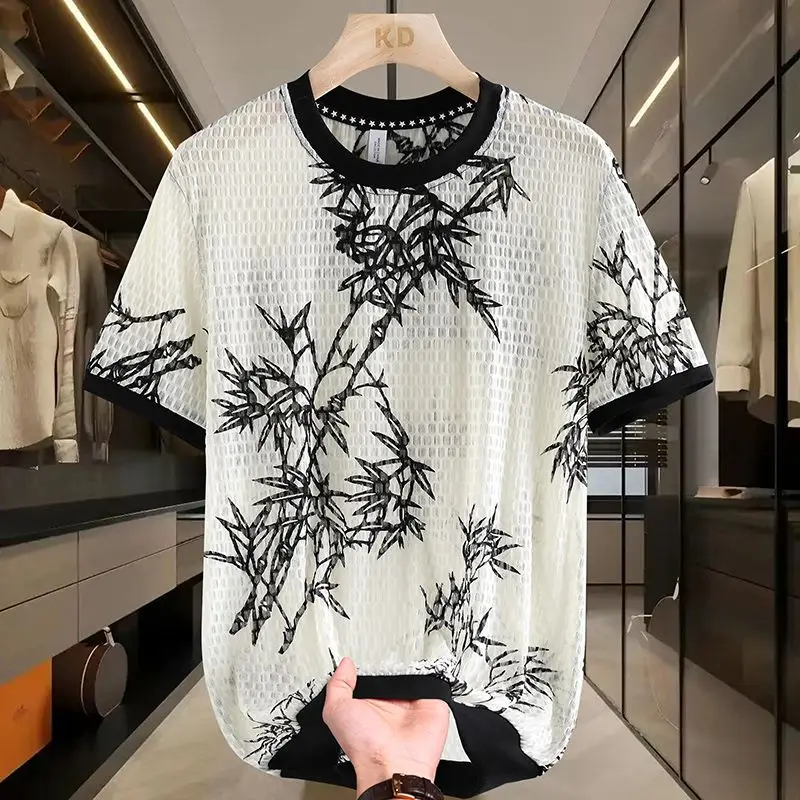 

Simplicity Trendy Summer Men's O-Neck Printing Hollow Out Gauze Fashion Casual All-match Loose Short Sleeve T-Shirts Tops