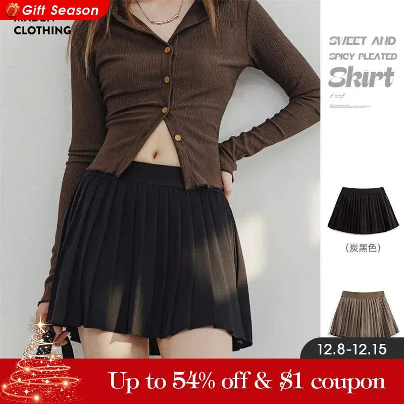 Maden Women Pleated Skirt Mid Waist A-line Short Skirt with Lining Versatile Half-body Dress Black Pleated Skirts Elastic Waist