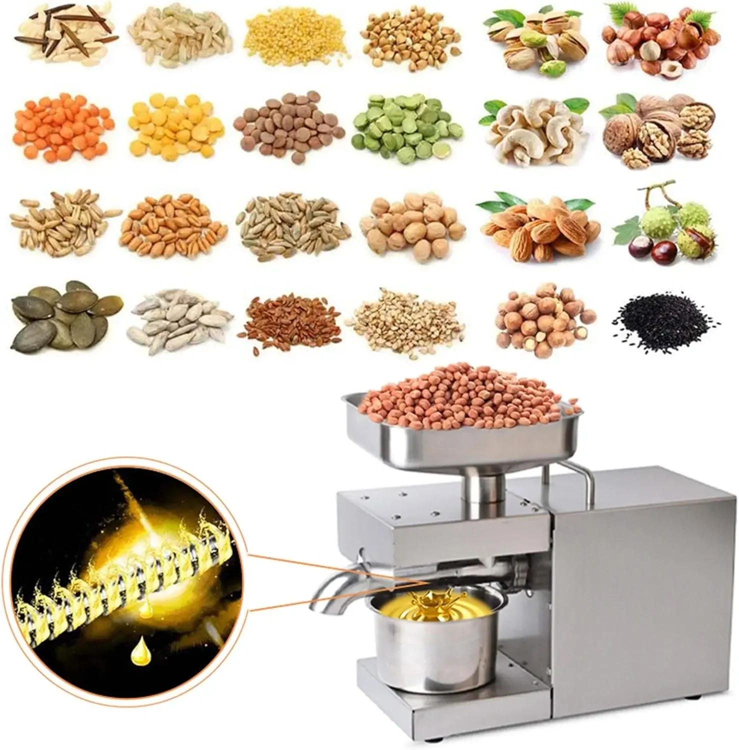 Automatic Oil Press Machine, 600W Automatic Cold Hot Oil Press Machine Cold Hot Oil Extractor Squeezer Stainless Steel Presser I