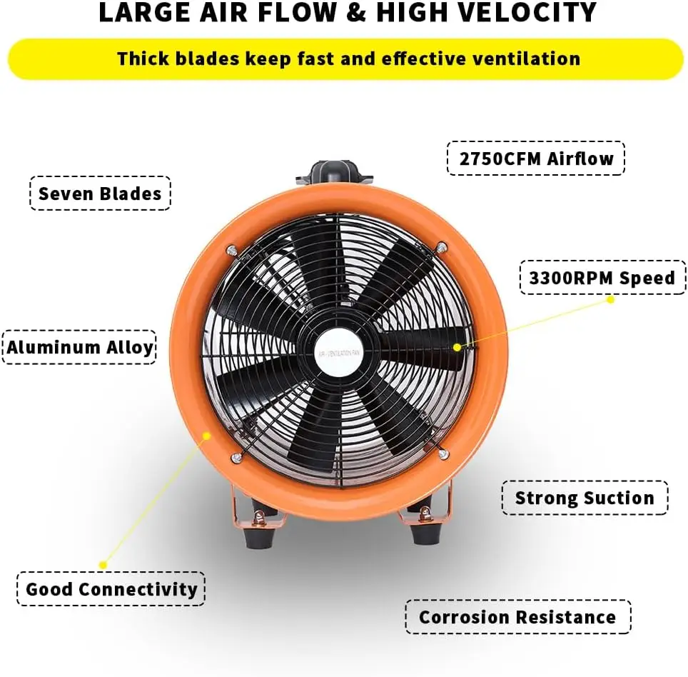 Utility Blower Fan 12 Inch, 550W High Velocity Ventilator With Duct Hose, Low Noise Portable Ventilation Fan, Fume Extractor