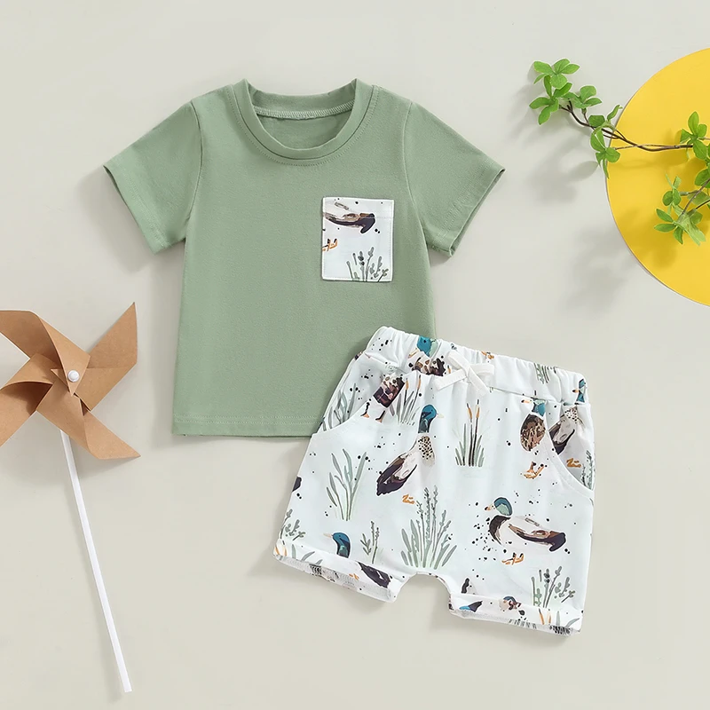 2024-05-05 Lioraitiin Toddler Baby Boy Summer Clothes Free Range Duck T Shirt and Shorts 2Pcs Set Casual Farm Outfit