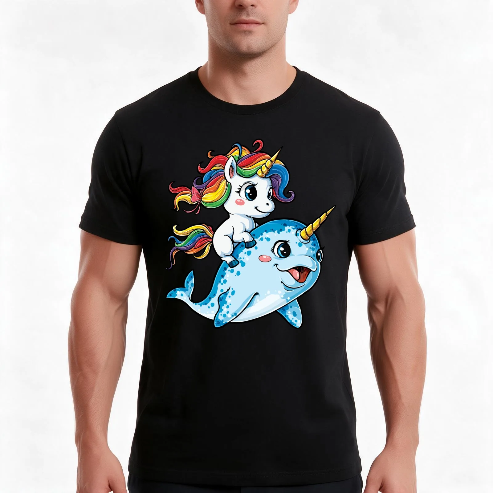 Unicorn Riding Narwhal T shirt Squad Girls Kids Rainbow Unicorns Gifts Party T-Shirt Summer Casual Cotton Tee, Unisex Men Women