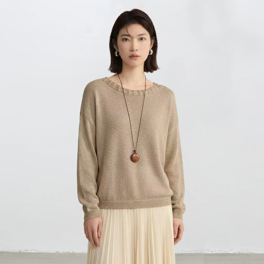 Winsleter-Silk Blended Elegant T-Shirt, O Neck Long Sleeve , Women French Commute Thin Knit Loose Top, 2026 Autumn New T67540CC