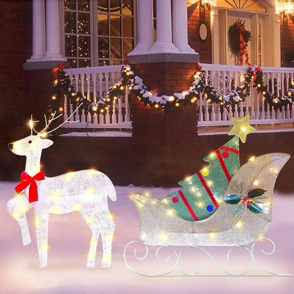 

Lighted Christmas Reindeer Sleigh Outdoor Yard Decoration, 50 Lights Christmas Deer Outdoor Decoration, Outdoor Lighted Holiday