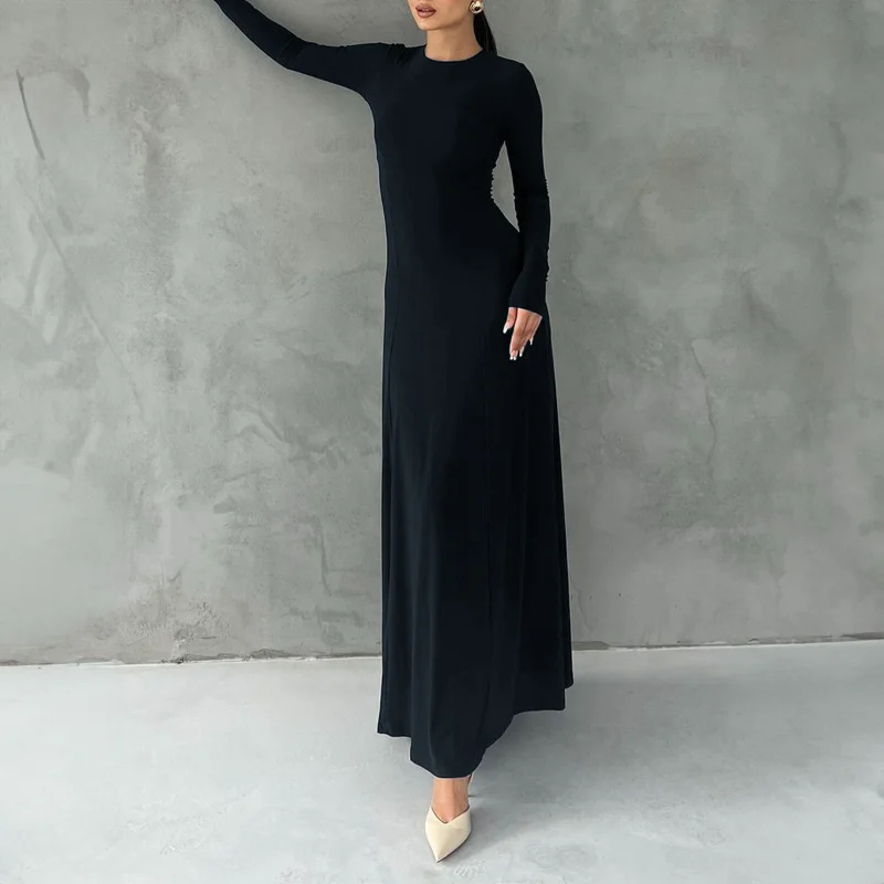 Elegantes, langärmliges, hüftumarmendes, langes Rockkleid für Damen im Herbst und Winter