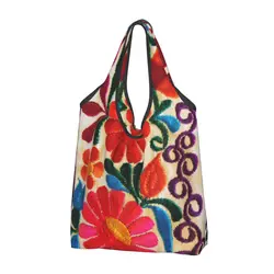 Personalizado Flores mexicanas Bordado Arte Mercearia Tote, Compras Têxtil, Folk Floral, Ombro Shopper Bag, Bolsa De Grande Capacidade