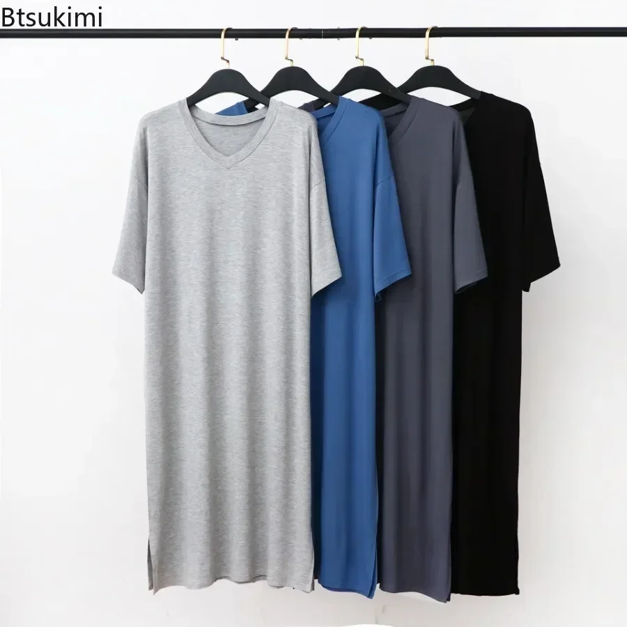 2025 Men's Modal Pajamas Home Clothes Short-sleeved V-neck Mid-length One-piece Nightgown Summer Men's Solid Loose Thin Bathrobe