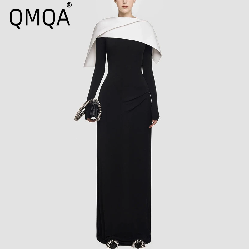 QMQA Fashion Women's Evening Dress Cape Collar Contrast Color Patchwork Knitted Long Elegant Party Dresses Autumn New 1A641