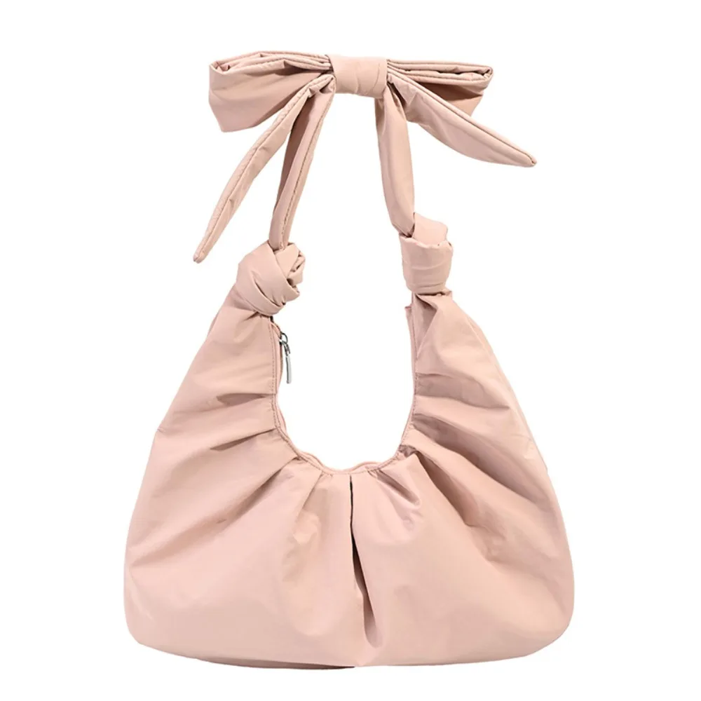 

Temperament Sweet Pleated Bow Tote Bag Bowknot Korean Style Cloud Bag Minority Design Pure Color Nylon Dumplings Bag Girls