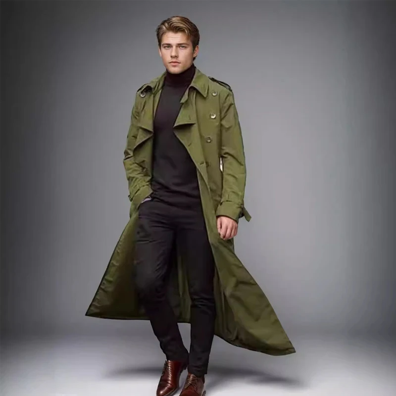 Men's Long Trench Coat Solid Color Casual Double-breasted Loose Windbreaker Fashion Lapel Cardigan Jacket Men Clothing