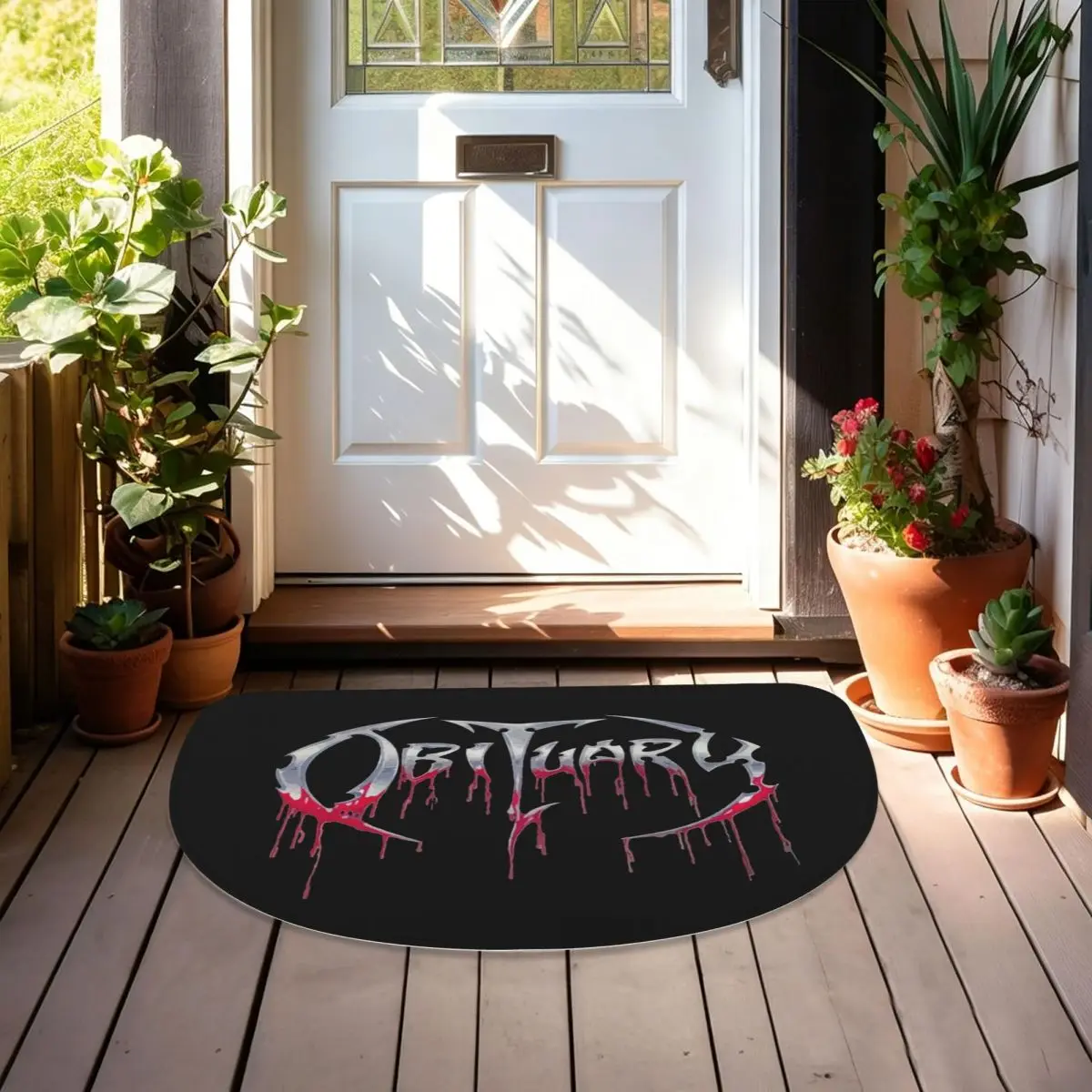Obituary Death Metal Rock Band Music Flannel Half Round Doormat Non Slip Bathroom Mat Absorbent Floor Carpet for Laundry Room