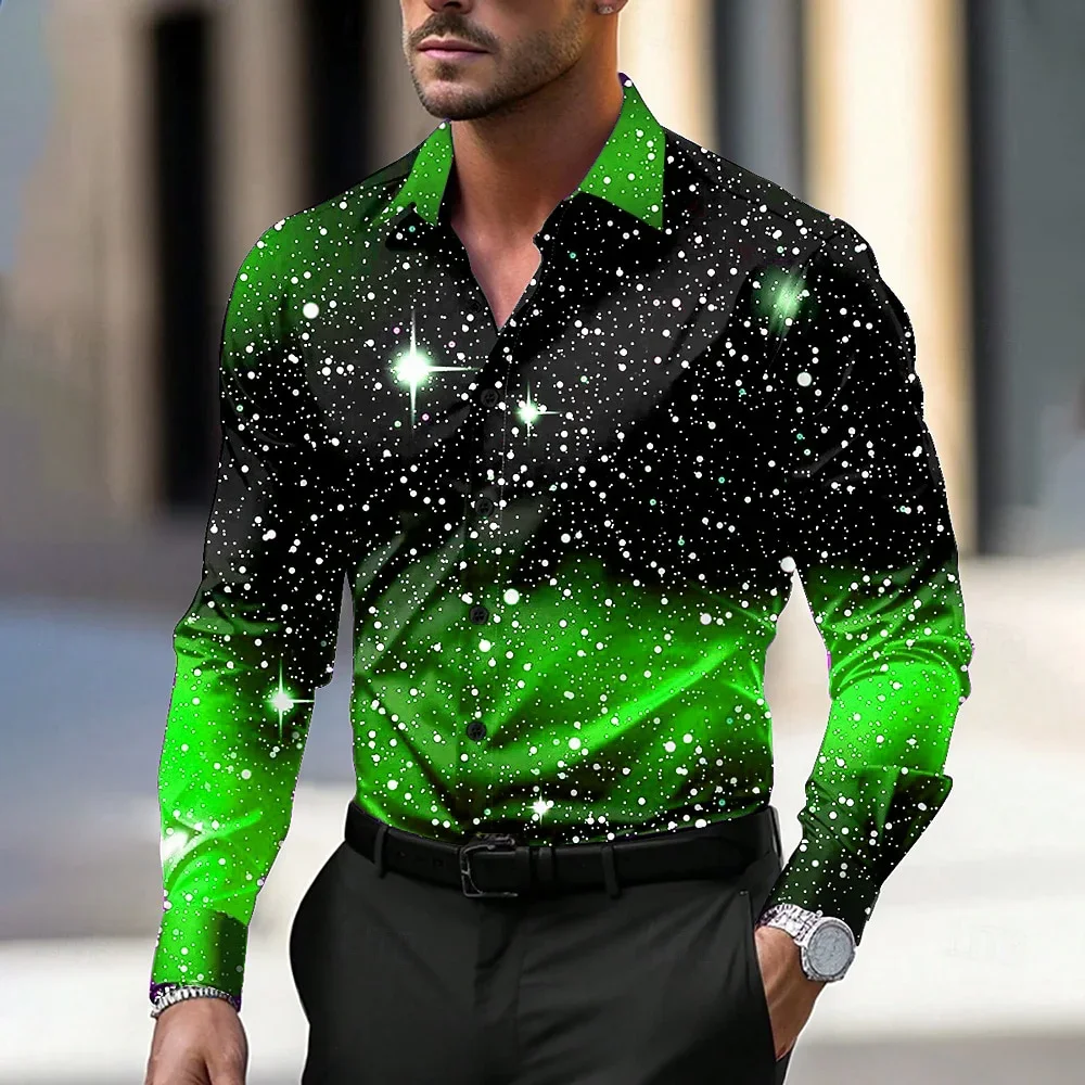 Christmas Men's Shirt Star/Galaxy Long Sleeve Shirt Art Casual Christmas Party Evening Dress Autumn/Winter Top Collar Button