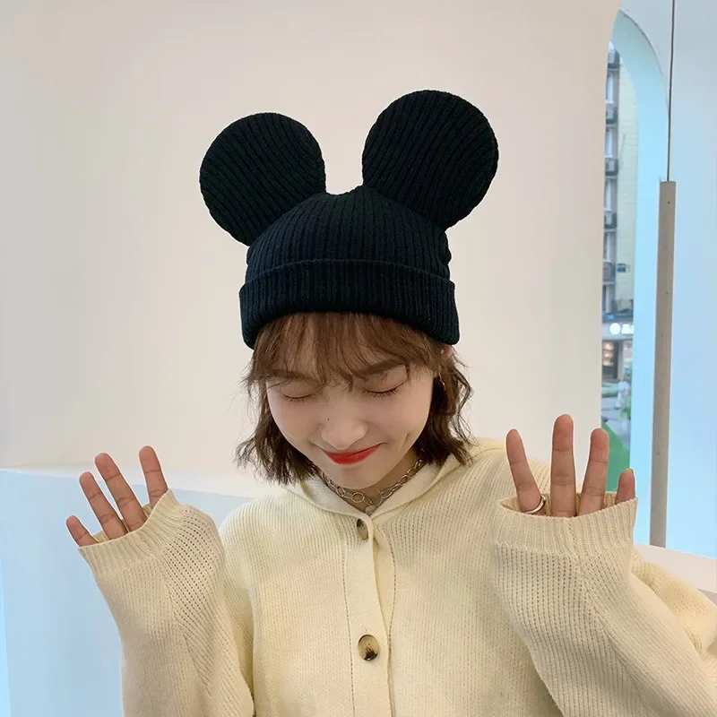 Disney Mickey Mouse Ear Knitted Hat For Men Women Caps Wool Fashion Cartoon Warm Skullies Beanies Hip-hop Personality Cold Hat