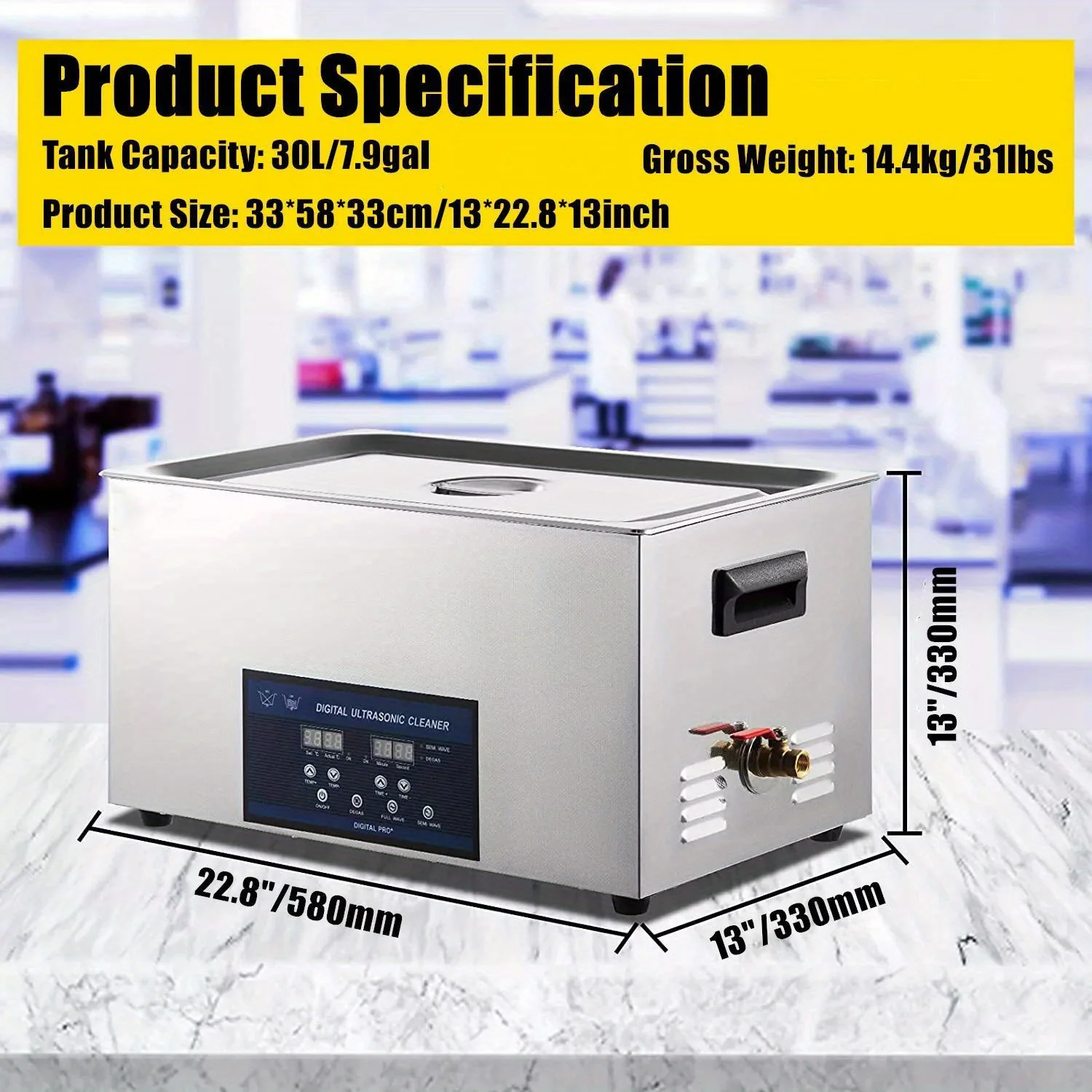 منظف 30 لتر - منظف مجوهرات احترافي 28/40 كيلو هرتز، سخان، للزجاج والساعات والعملات المعدنية