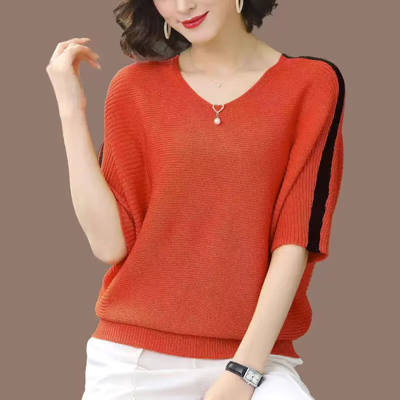 Summer New Plus Size Ice Silk Knitting Tops Tees Short Sleeve Solid Simplicity Fashion T Shirts Vintage Casual Women Clothing