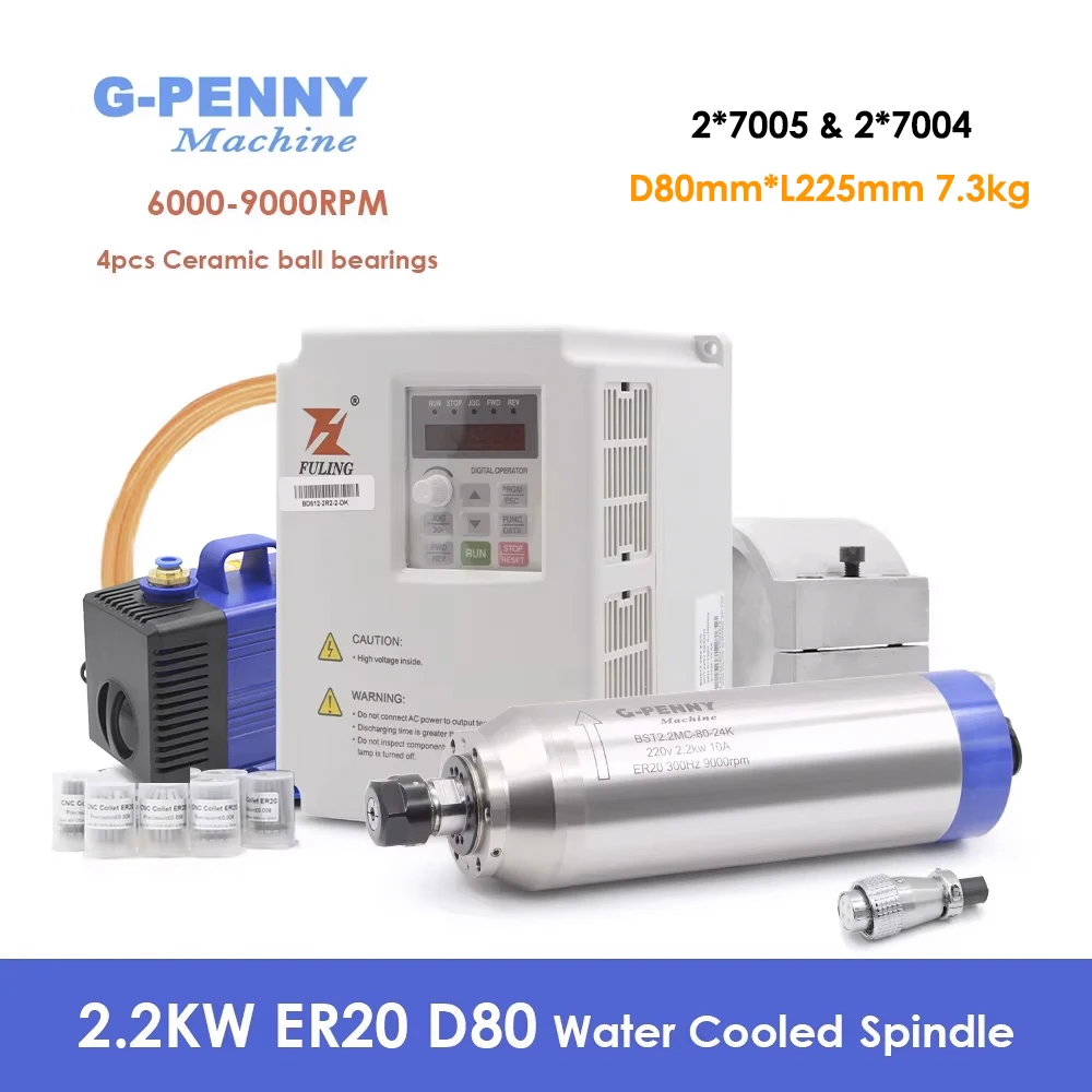 

G-PENNY 2,2 кВт ER20 D80 двигатель шпинделя с водяным охлаждением 220 В/380 В 4000-9000 об/мин, 2,2 кВт BD600/BD612/H110 Инверторный комплект