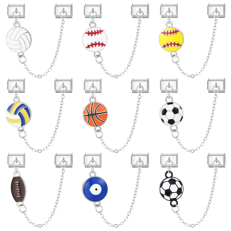 

Blue Devil Eyes Tennis Ball Soccer Basketball Tassel Chain Italian Charm Link Fit 9MM Bracelet Stainless Steel Men DIY Making