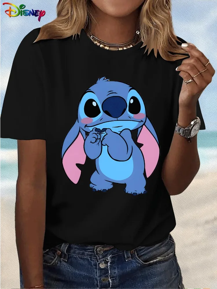 

New Fashionable Disney Stitch Women's Casual Elegant T-shirt Cute Cartoon Printed Short Sleeve Harajuku Top Plus Size Shirt