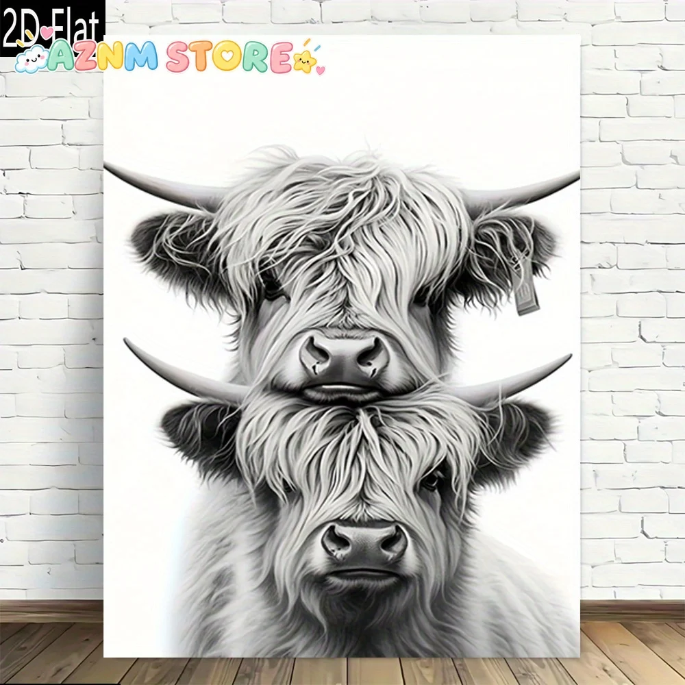 2D Flat 2027  1pc, Highland Cow Portrait Wall Art Print Frameless Canvas Wall Art Modern Vintage Design, High Quality Printed