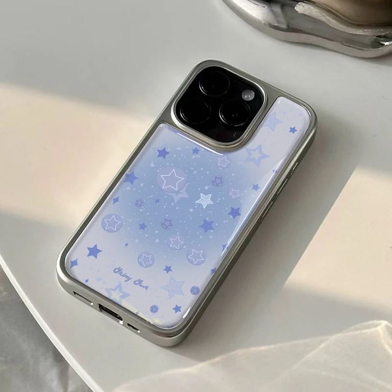 Ins Romantische Starry River Hydrogel-Rückplatte, silberner Rand, stoßfeste Handyhülle für iPhone 17, 16, 15, 14 Pro Max