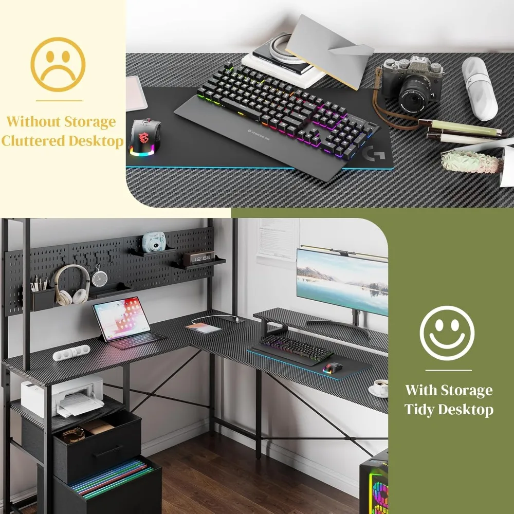

L-Shaped Gaming Desk – Pegboard LED Lights Power Outlet Drawers | Reversible Design for Gamers & Home Office Use