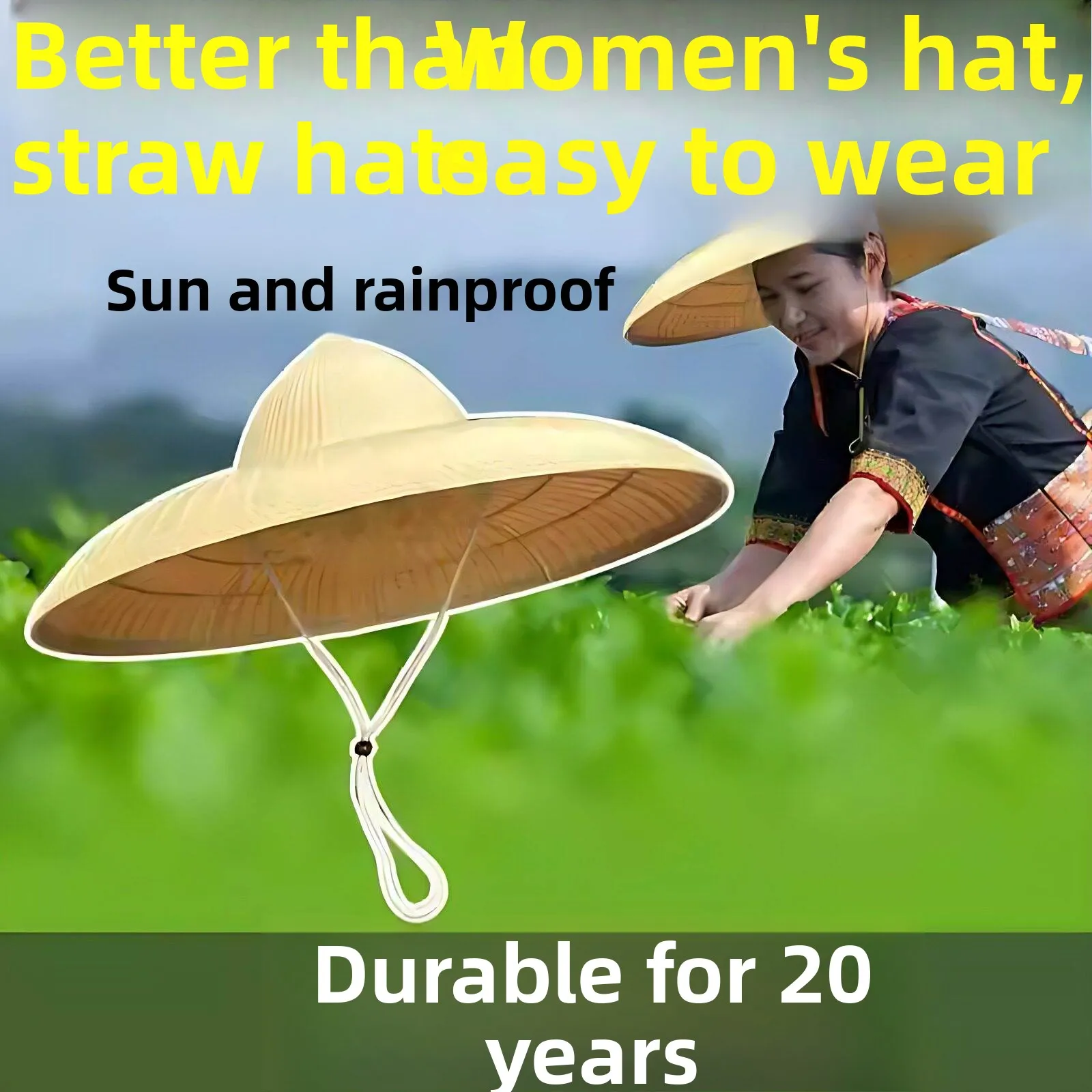 Men's Straw Hat Large Brim Outdoor Rural Life Rainproof Sunshade Farm Work Capillary Pattern Home Daily Use Head Protection