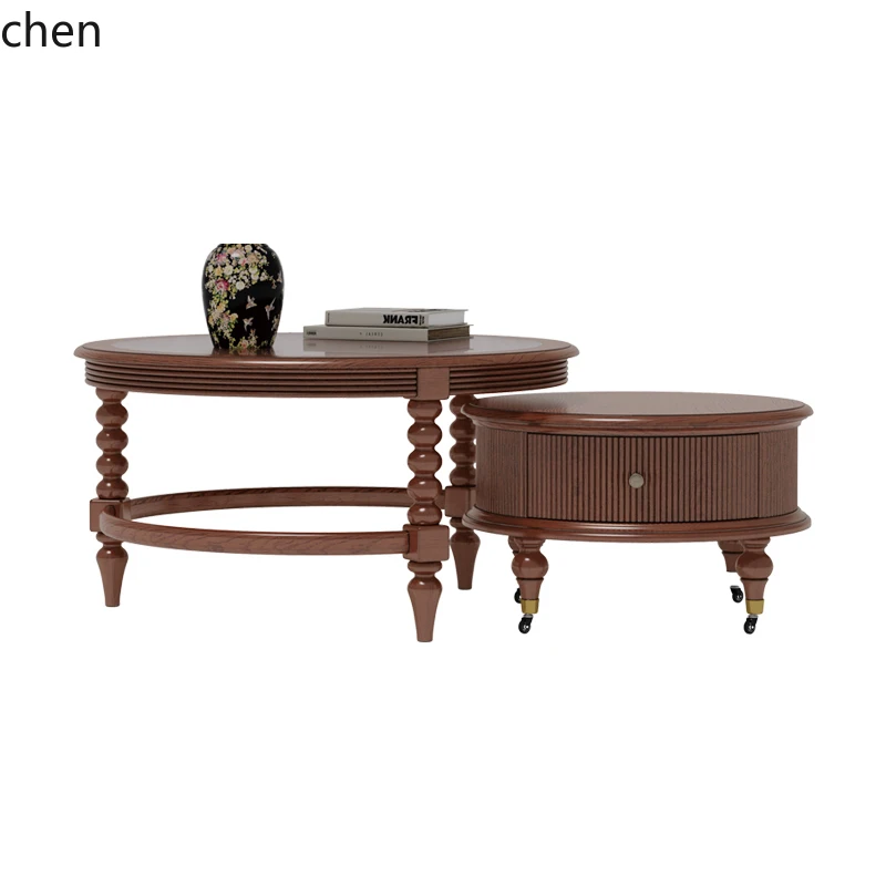 TQH medieval style solid wood round small apartment tea table living room home creative size coffee table combination