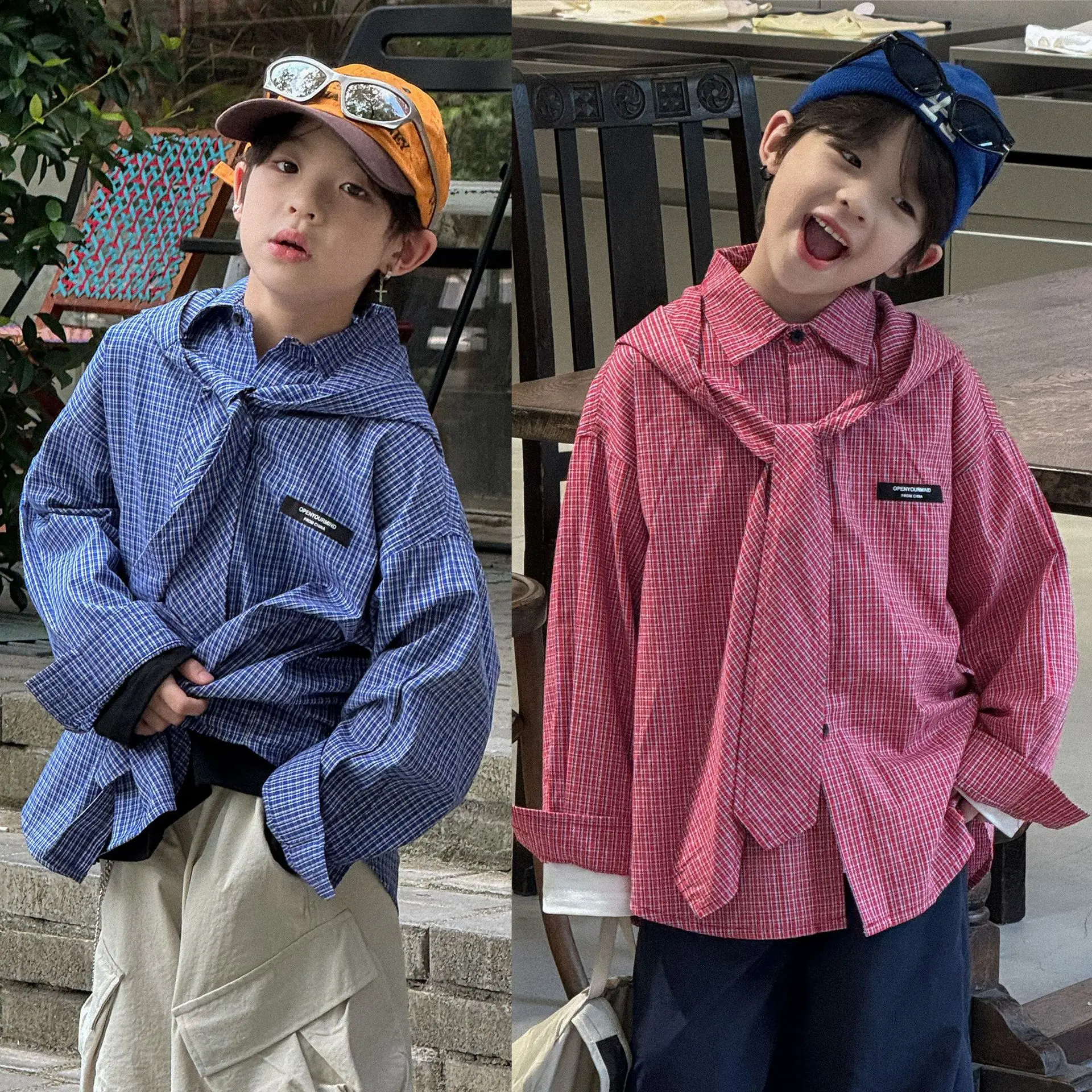 Autumn 2025 New Children's Clothing Boys Vintage Check Hooded Shirt Jacket Top