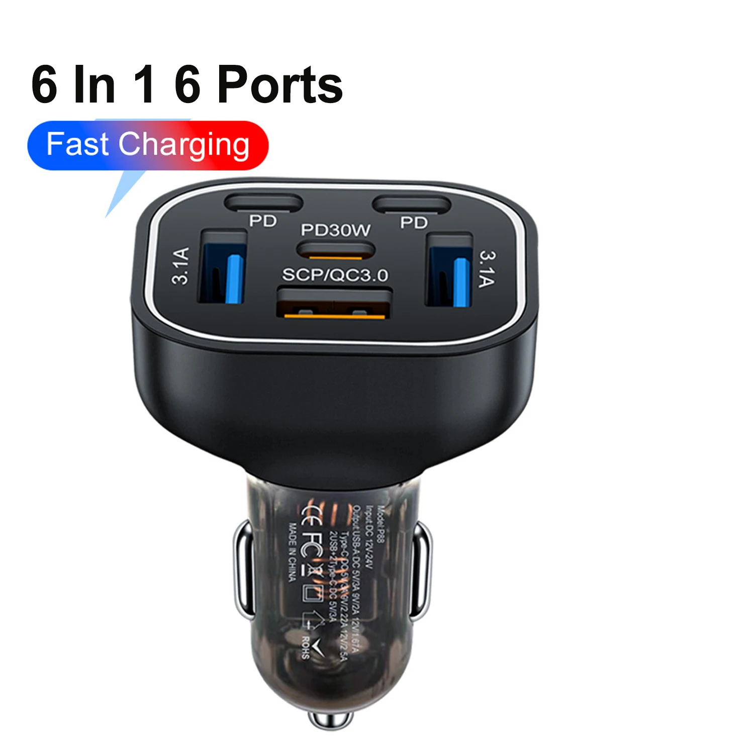 

6 in 1 6 ports PD30W Fast Charge QC3.0 USB C Car Charger Cigarette lighter adapter For Iphone Samsung Huawei Oppo Vivo and more