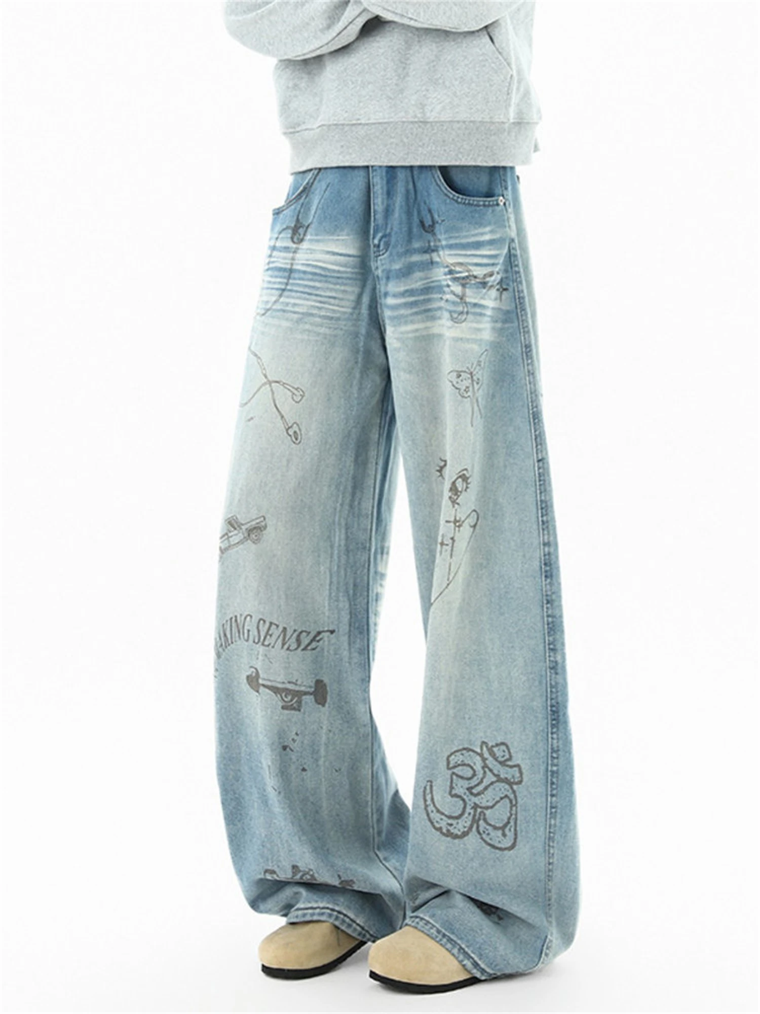 Women's Oversized Baggy Wide Leg Jeans Vintage Washed Whiskering Tattoo Graffiti Print Skate Streetwear Y2K Casual Denim Pants