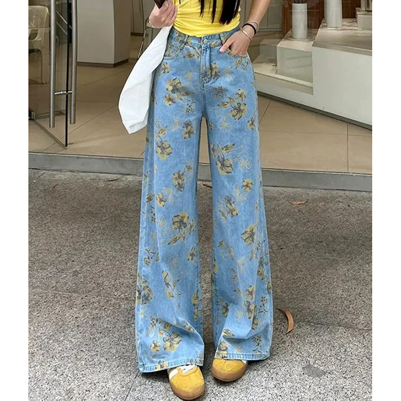 Celana Jeans Gambar Bunga Biru Retro Wanita 2025 Celana Denim Pinggang Tinggi Wanita Celana Jeans Harian Kasual Tipis Anak Perempuan