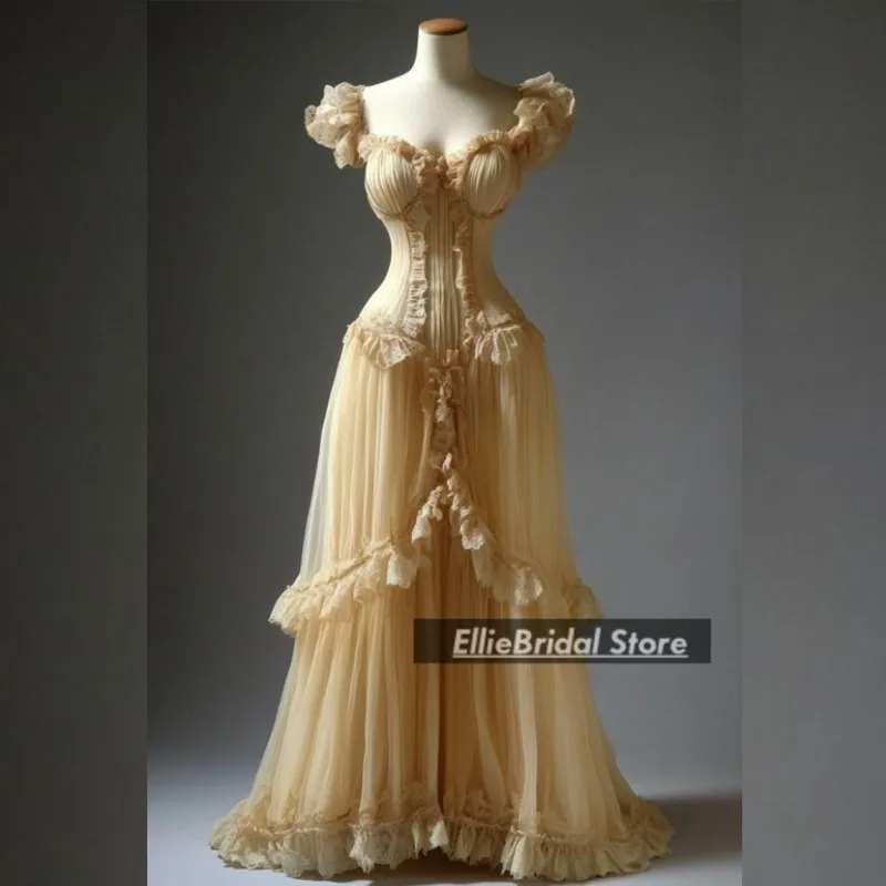 Champagne Square Neck Tulle Wedding Dresses For Women Luxury Lace Ruffles Long A-Line Bridal Gowns Vestido De Novia Customized