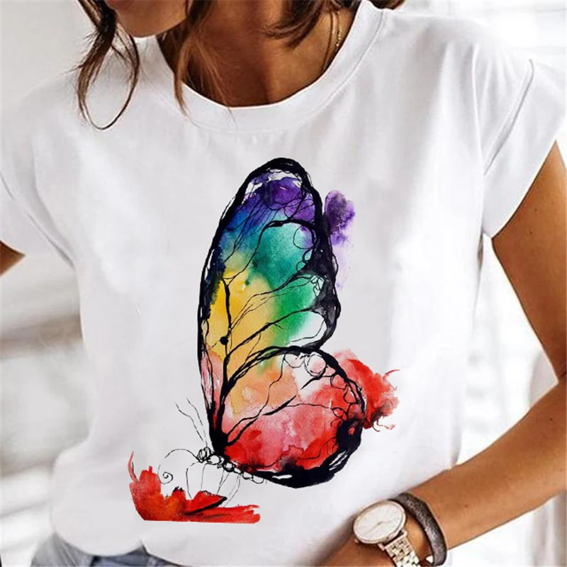 

Colourful Butterfly Print T-shirt Oversized Clothes Top White Female Y2k Women 90s Streetwear Aesthetic Clothing Harajuku Tees