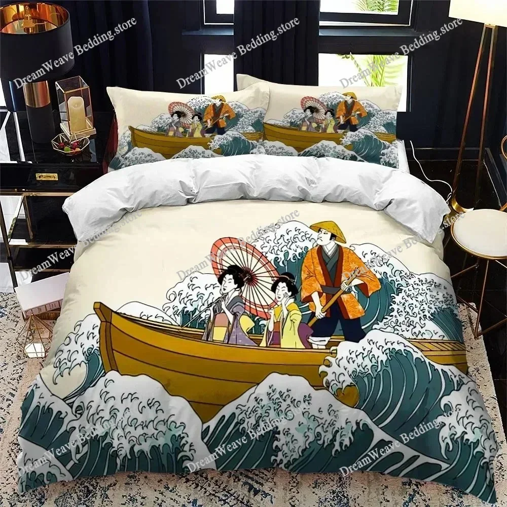 Japanese-Style Duvet Cover Set King Queen Full Size Ukiyo-e Theme Wave Pattern Polyester Bedding Set Fuji Mountain Exotic StyleF