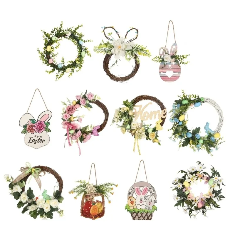 

2024 Easter Welcome Wreath Simulated Flower Door Hanging Ornament Decoration Porch Decorative Wreath for Front Door Decorations