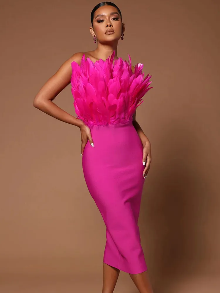 Summer Fashion Women Sexy Strapless Backless Brown Hot Pink Feather Bodycon Bandage Dress 2024 Elegant Evening Club Party Dress