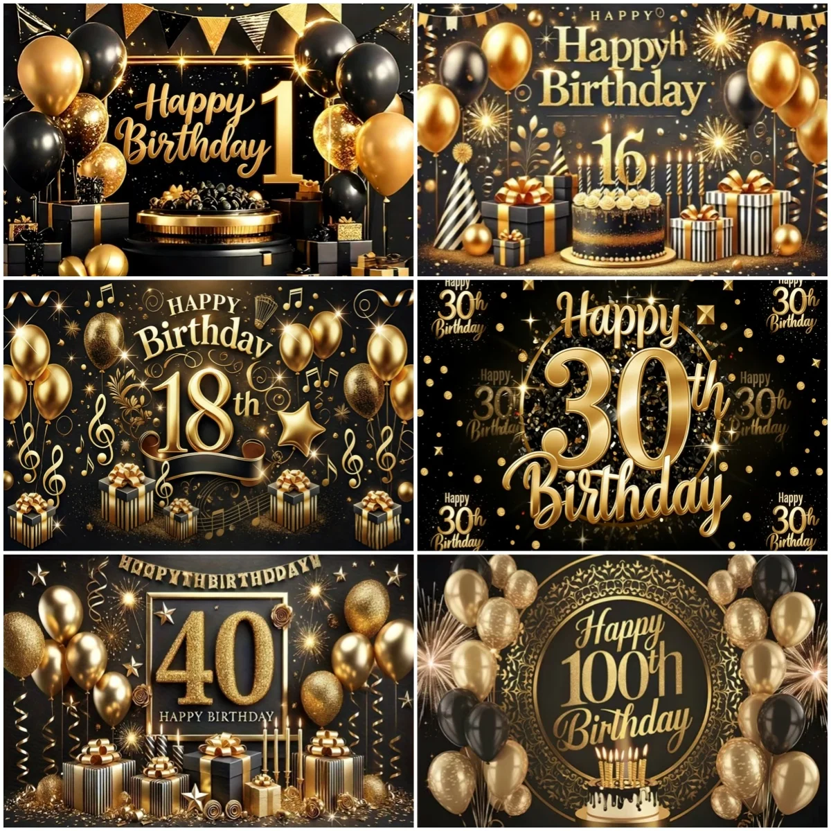 

1 16 18th Age Birthday Party Decoration Background Boy Girl Years Old Bar Mitzvah Backdrop Banner Black Gold Photography Props