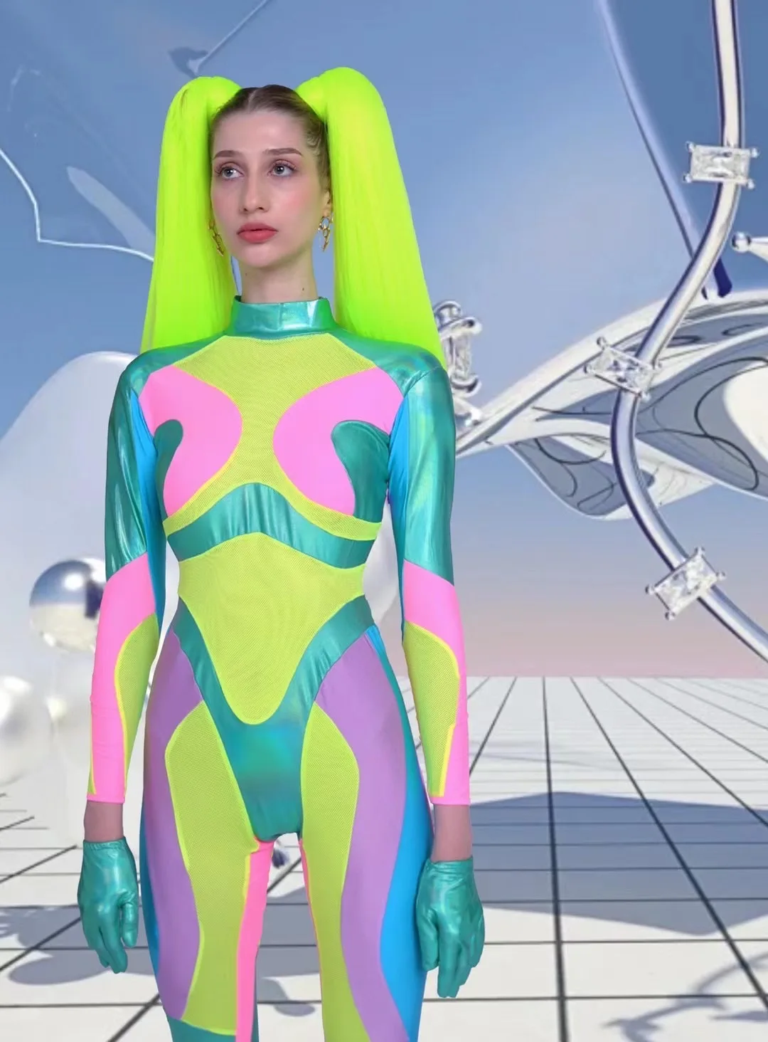 Futuristic Clothing Green Bodysuit Holographic Clothes Gogo Dancer Costume Stage Costume Lady Gaga Costume DJ Clubwear