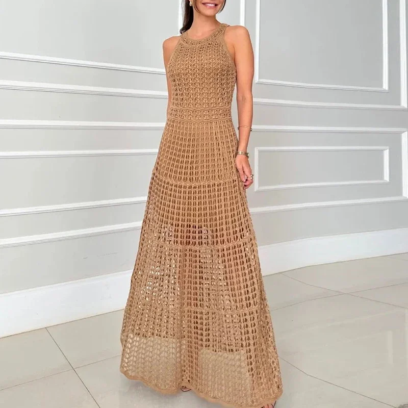 

2025 sexy sleepveless high waist beach dress casual summer solid color holiday dresses fashion O-neck hollow crocheted long dres