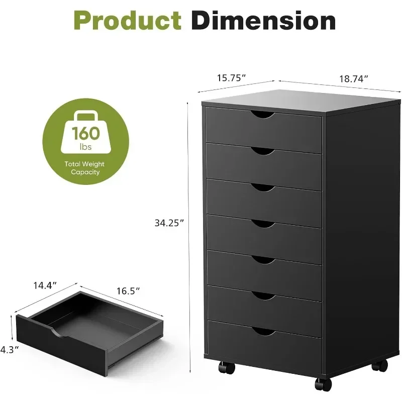 خزائن تخزين متنقلة ذات 7 أدراج، خزانة خشبية مع أثاث منظمة لغرفة العجلات للمكتب والمنزل والخشب الأسود